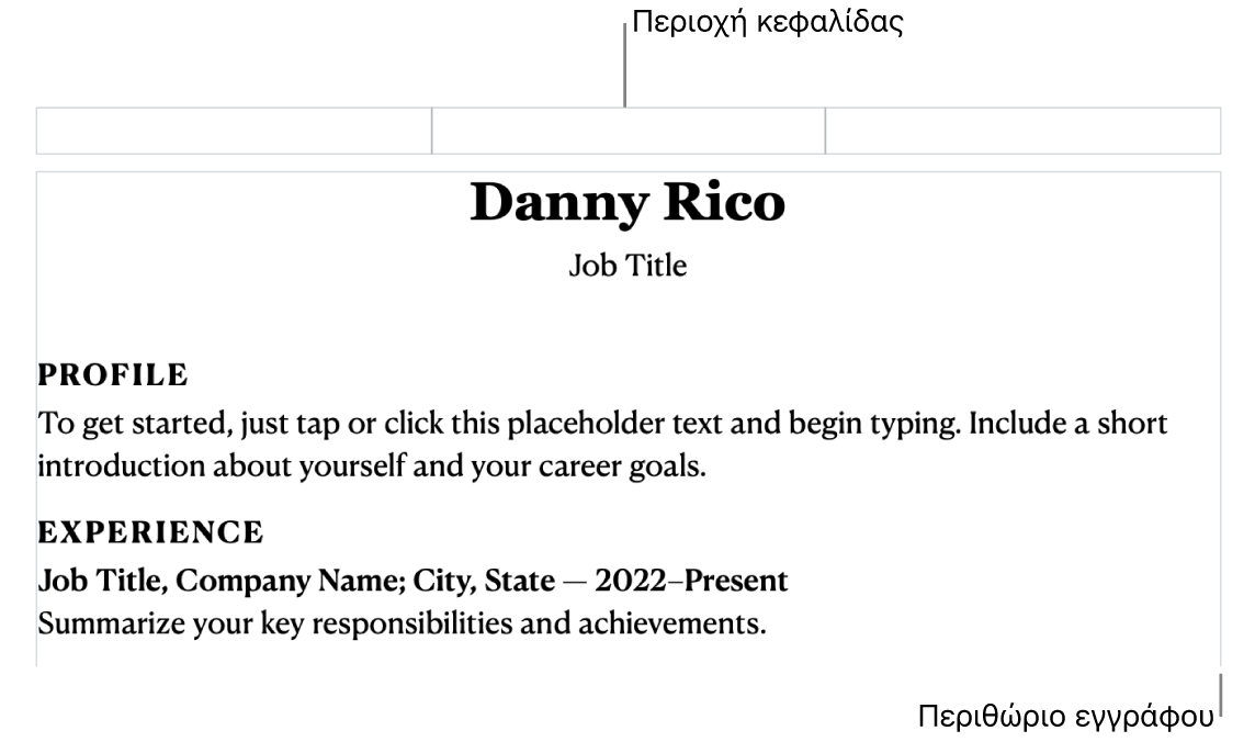 Η προβολή «Διάταξη» όπου φαίνονται η περιοχή κεφαλίδας και τα περιθώρια του εγγράφου.