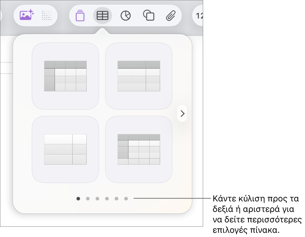 Το μενού «Προσθήκη πίνακα» με βέλη πλοήγησης.