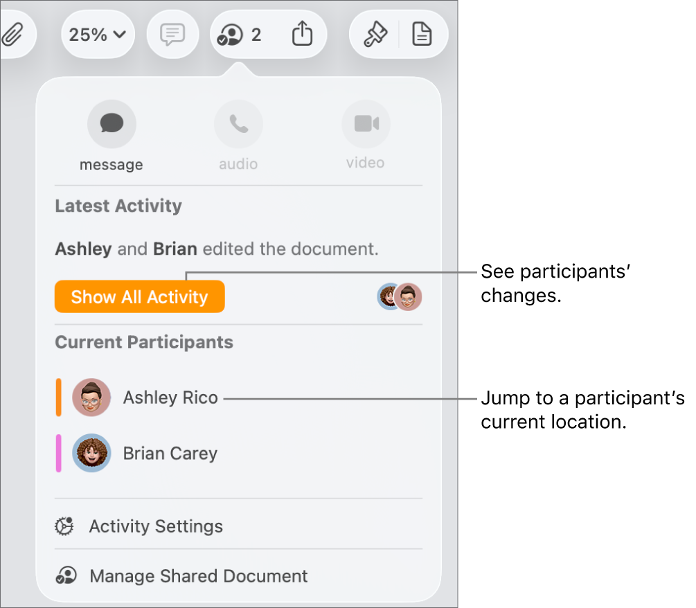 The collaboration menu with two current participants listed.