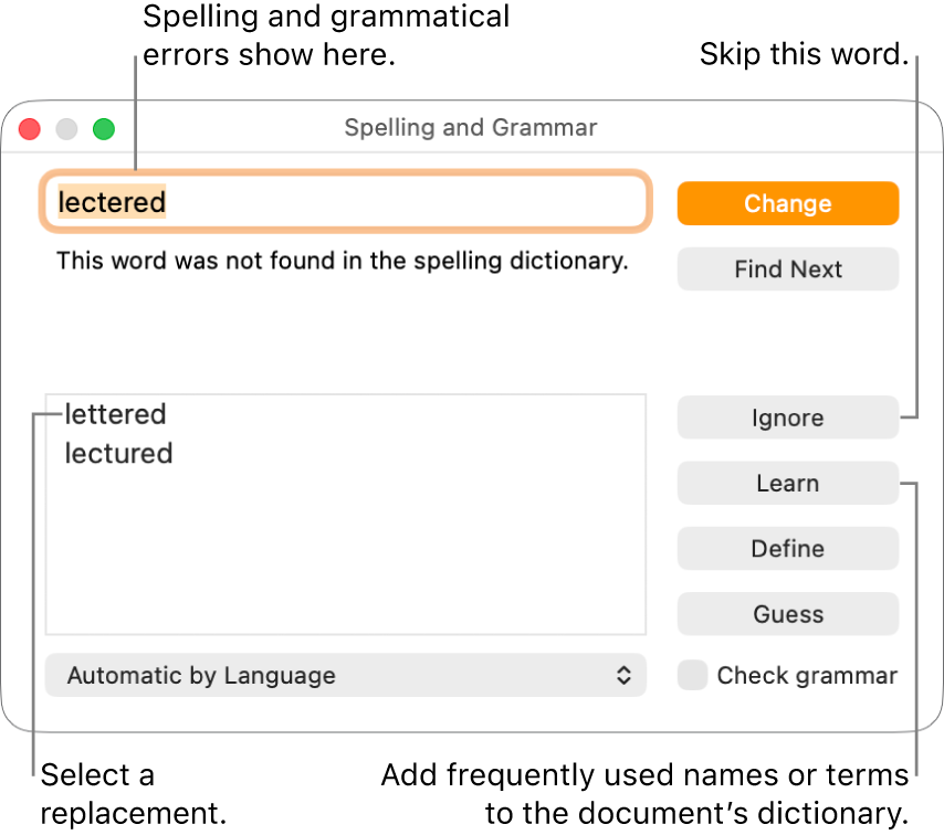 The Spelling and Grammar window.