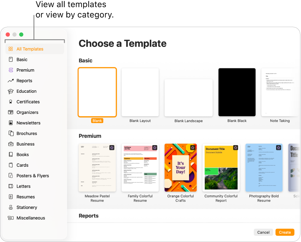 The template chooser. A sidebar on the left lists template categories you can click to filter options. On the right are thumbnails of pre-designed templates arranged in rows by category, starting with Basic at the top and followed by Reports and Books — Portrait. The Language and Region pop-up menu is in the bottom-left corner, and Cancel and Create buttons are in the bottom-right corner.