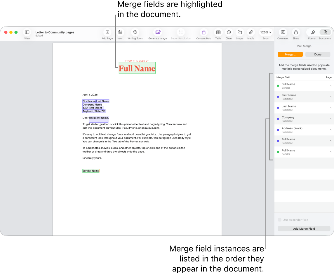 Pages document with recipient and sender merge fields, and the merge field instances list visible in the Document sidebar.