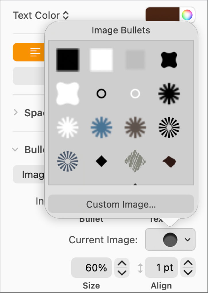 The Image Bullets pop-up menu.