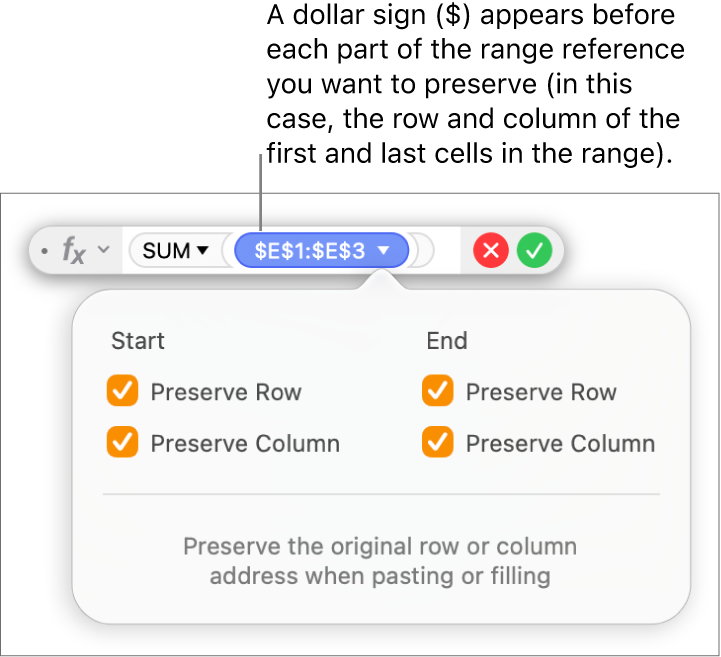 The Formula Editor showing Preserve Row and Preserve Column options selected for a certain range.