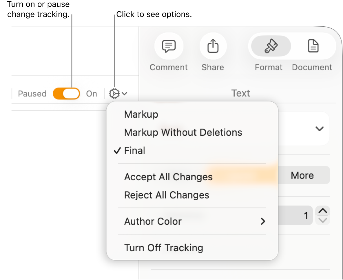 The tracking options menu showing Turn off Tracking at the bottom and a call out to the Tracking On and Paused button.