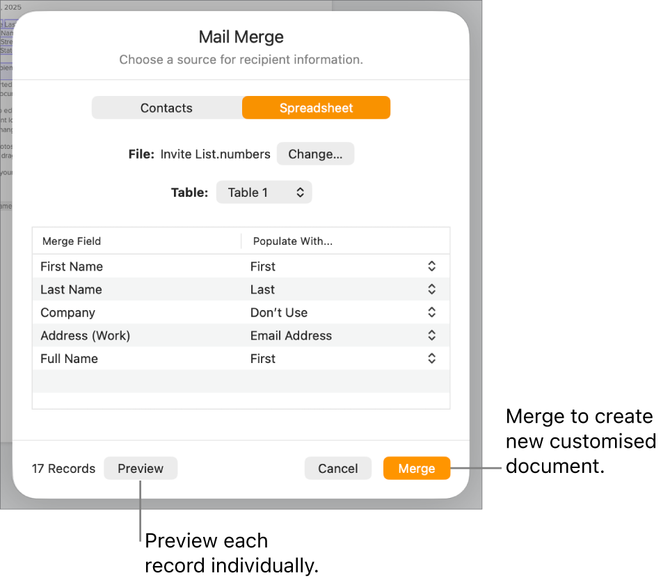 Mail Merge pane open, with options to change the source file or table, preview the merge field names or individual records or merge the document.