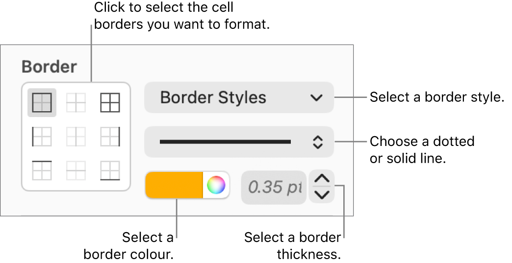 Controls for styling cell borders.