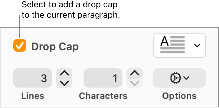 The Drop Cap tick box is selected, and a pop-up menu appears to its right; controls for setting the line height, number of characters, and other options appear below it.