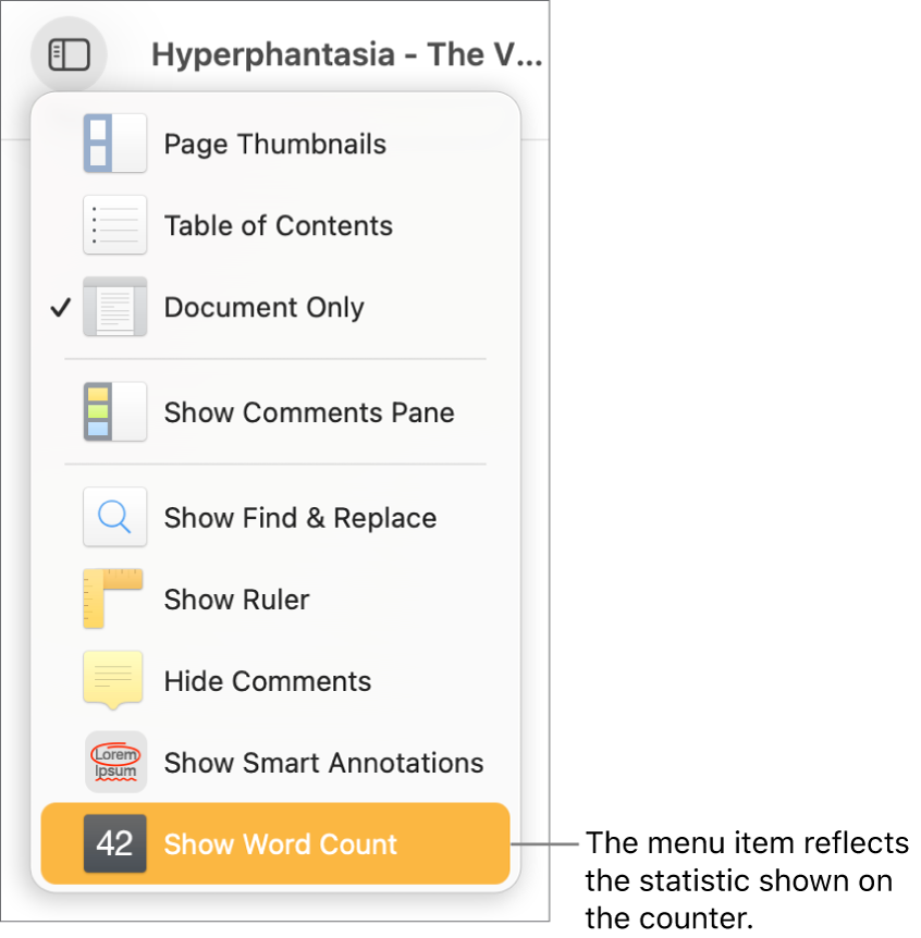 The View menu open with Show Character Count near the bottom.
