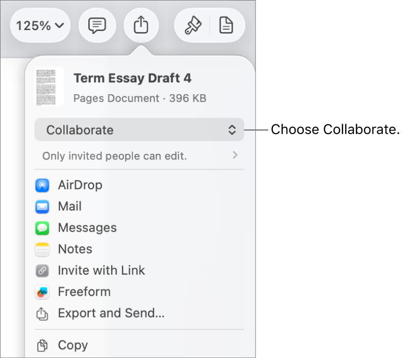 The Share menu with Collaborate selected at the top, and access and permission settings underneath.