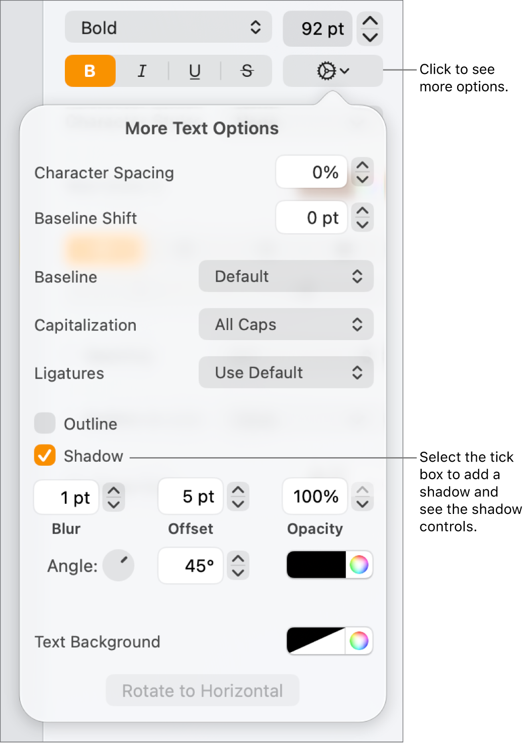 The Advanced Options menu open with the Shadows tick box selected and controls for setting blur, offset, opacity, angle and colour.