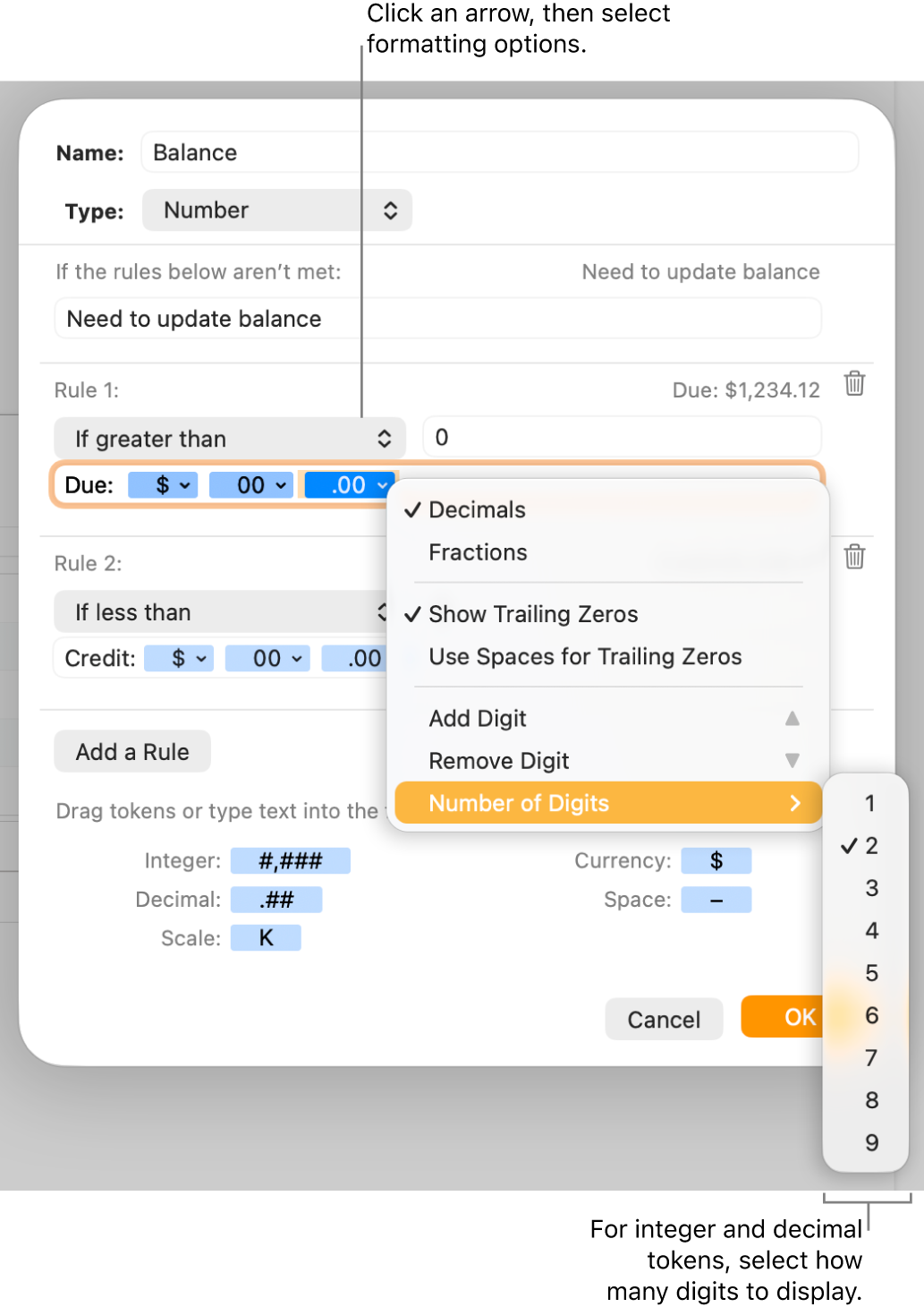 The custom cell format window with controls for choosing custom formatting options.