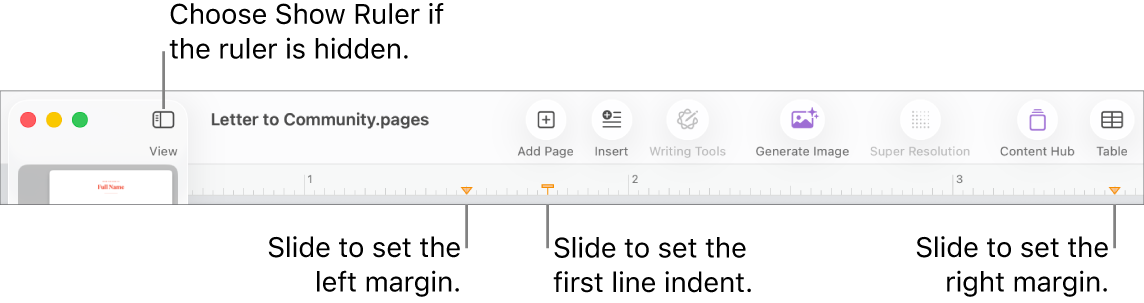 The ruler with the left margin control and first line indent control.
