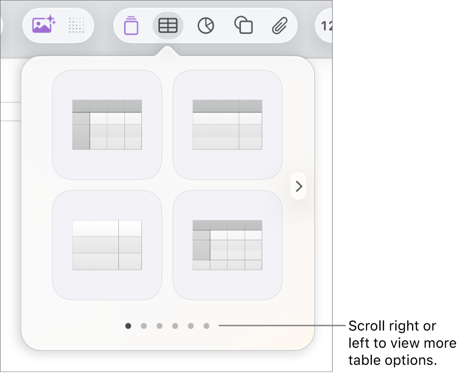 The Add Table menu with navigation arrows.