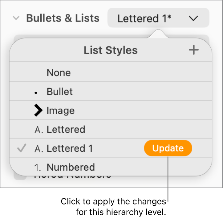 The List Styles pop-up menu with an Update button next to the name of the new style.