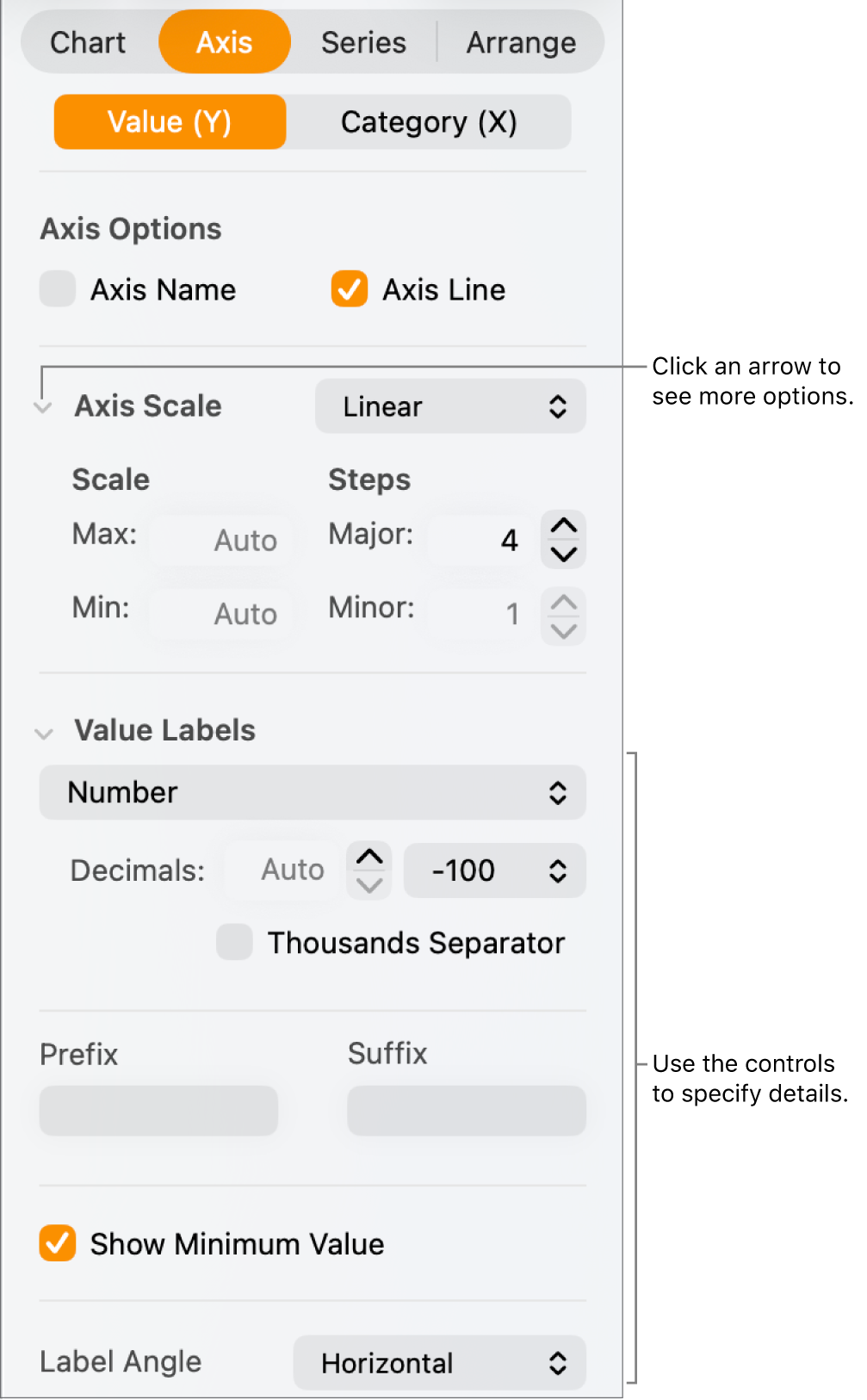 Controls for formatting graph axis markings.