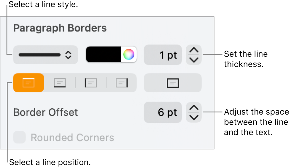 Controls to change the line style, thickness, position and colour.