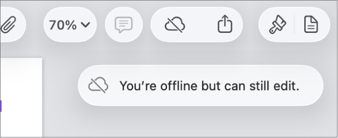 The buttons at the top of the screen, with the Collaboration button changed to a cloud with a diagonal line through it. An alert on the screen says “You’re offline but can still edit”.