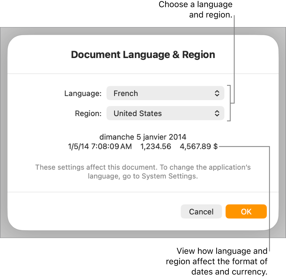 Language & Region pane with controls for language and region, and a format example including date, time, decimal and currency.