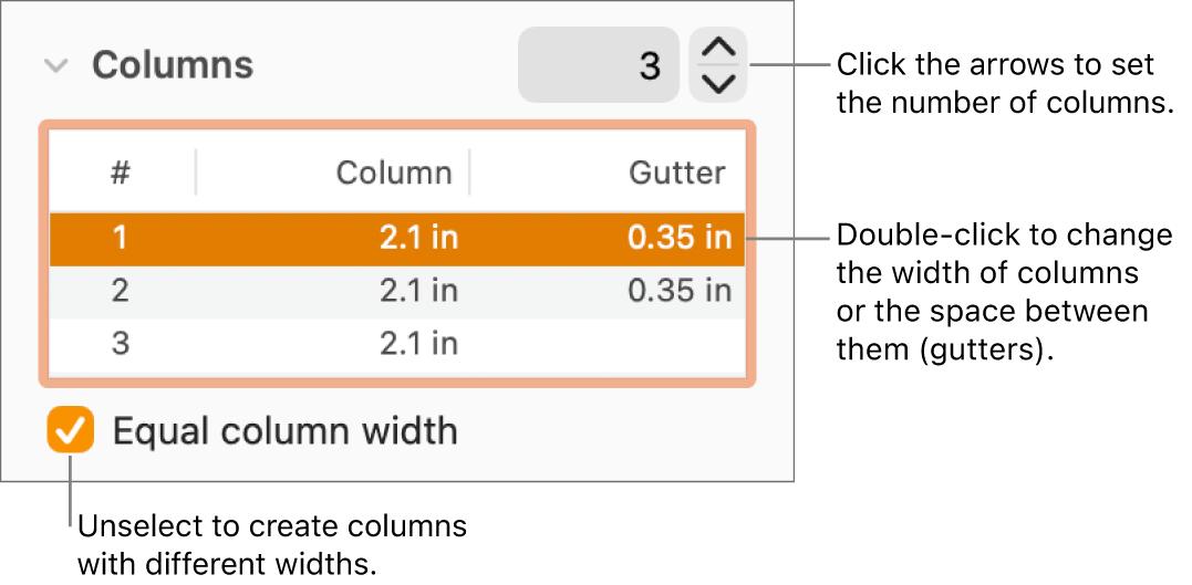 Layout pane of the Format inspector, showing columns controls.