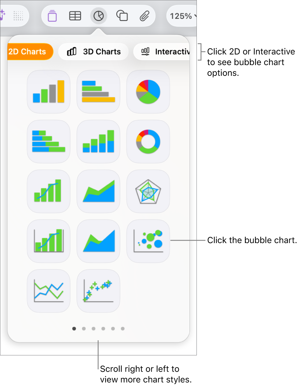 Add graph menu showing interactive graphs, calling out a bubble chart option.