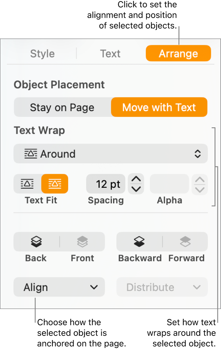 The Format menu with the Arrange sidebar displayed. The Object Placement settings are at the top of the Arrange sidebar with the Text Wrap settings below.