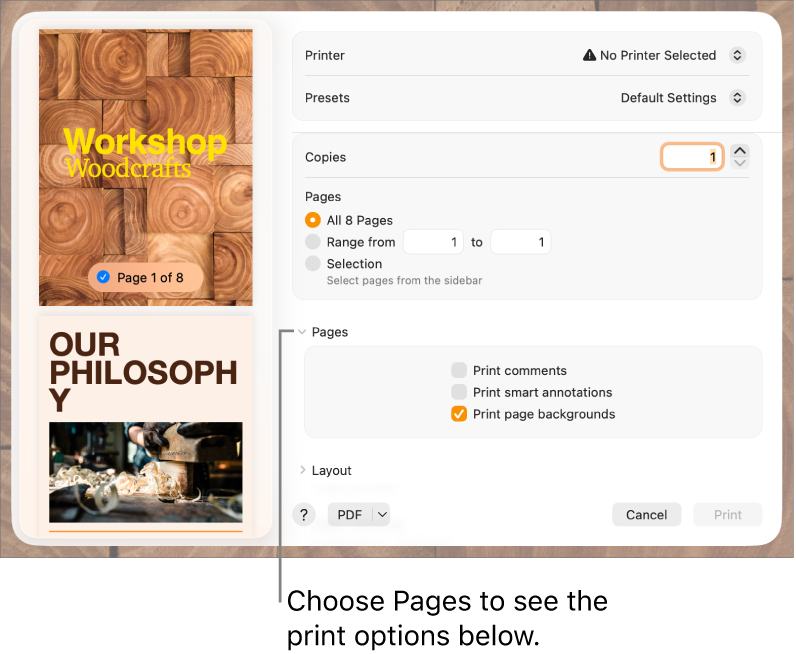 Print dialogue with controls for printer, presets, copies and page range. Pages is selected in the pop-up menu below the settings for page range, followed by tick boxes to print comments, print smart annotations and print page backgrounds.
