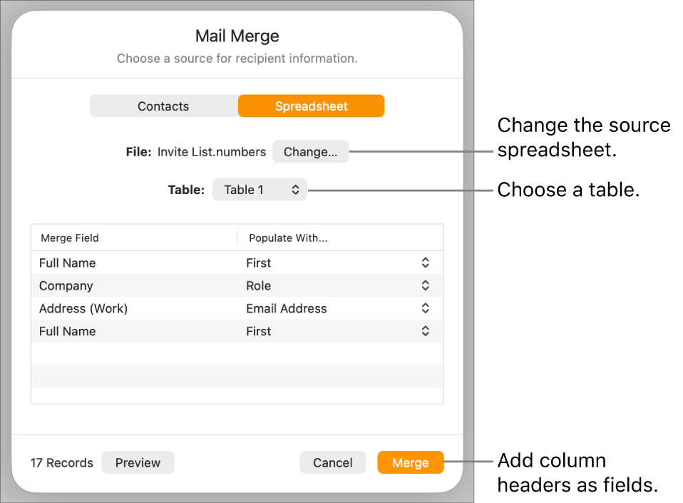 Preview Merge Fields pane open, with options to change the source file or table, preview the merge field names or add the column headers as fields.