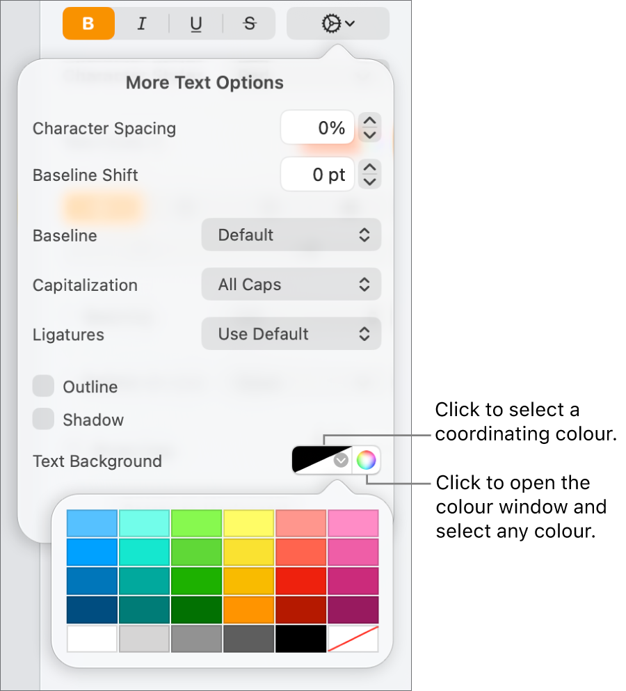 Controls for choosing a background colour for text.