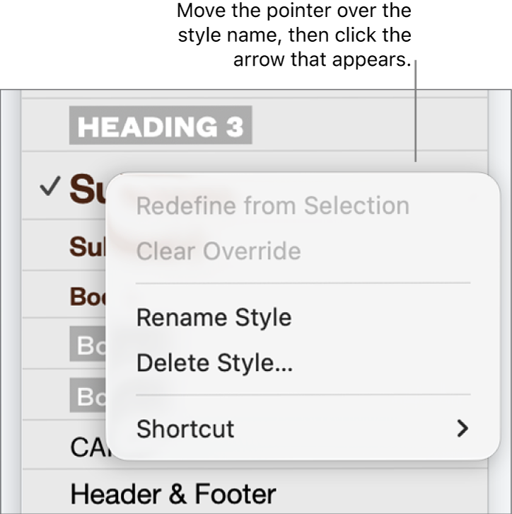 The Paragraph Styles menu with the shortcut menu open.