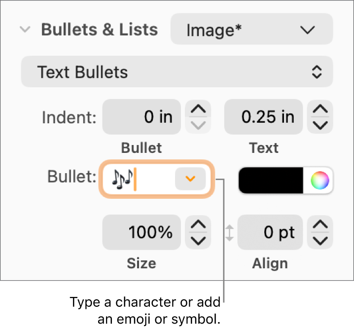 The Bullets & Lists section of the Format sidebar. The Bullet field shows a flower emoji.