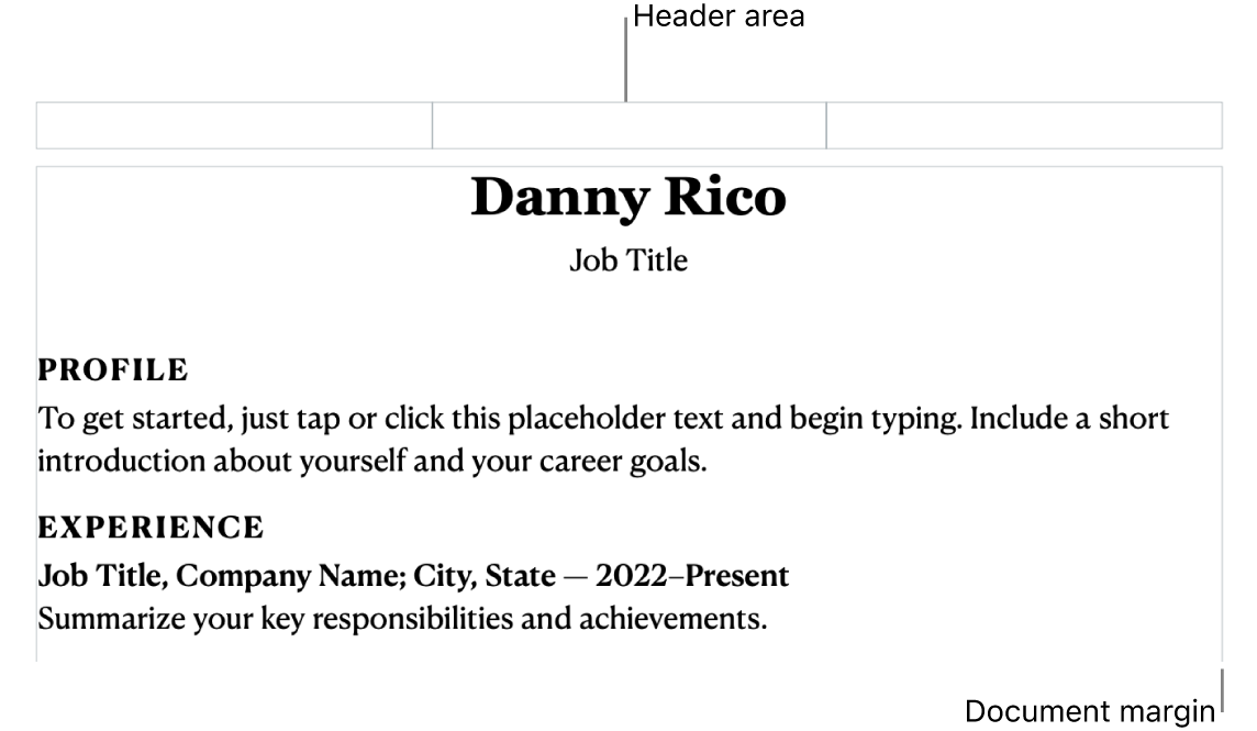 The layout view showing header area and document margins.