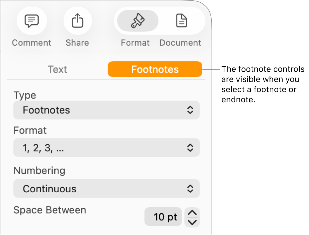 The Footnotes pane showing pop-up menus for Type, Format, Numbering and space between notes.