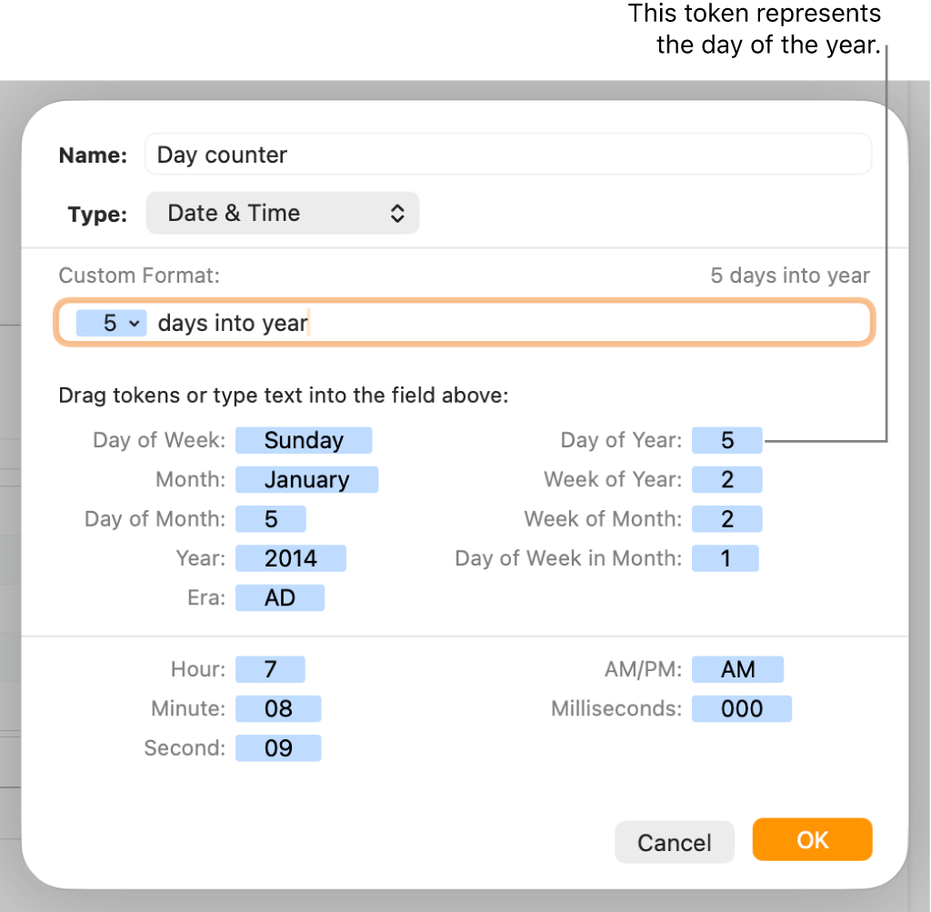 The custom cell format window with controls for choosing custom date and time formatting.