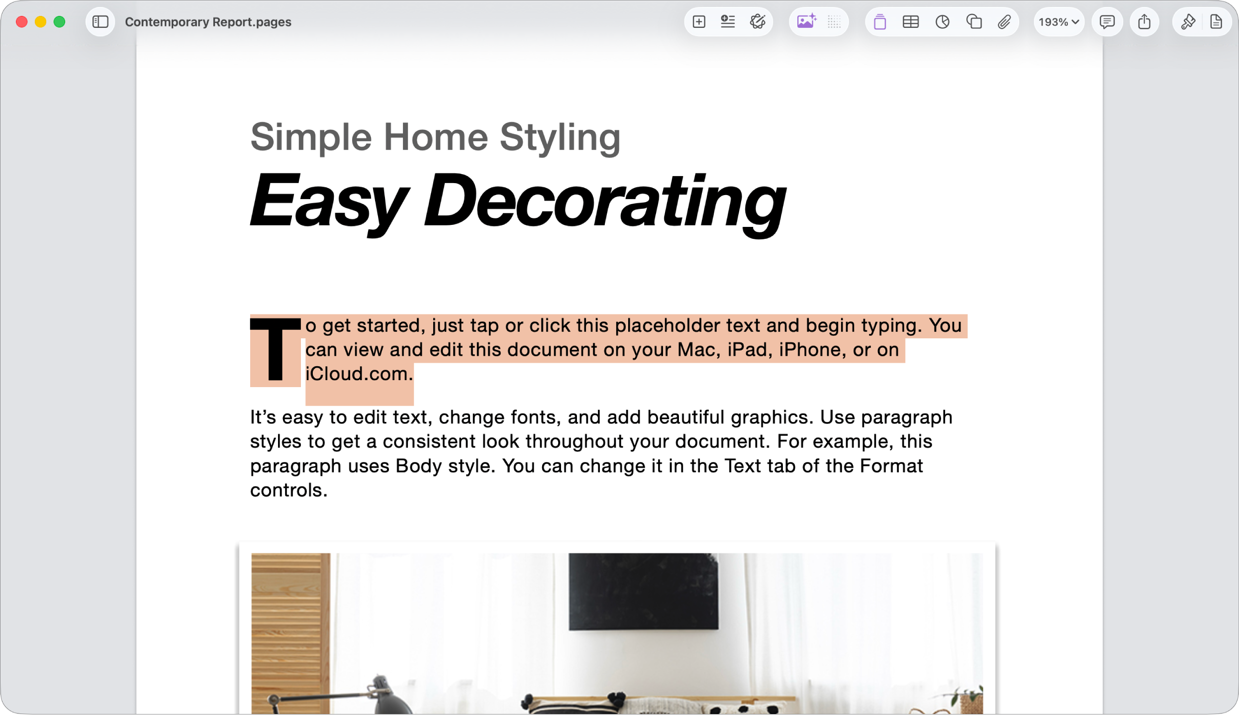In an open document with template placeholder text selected.