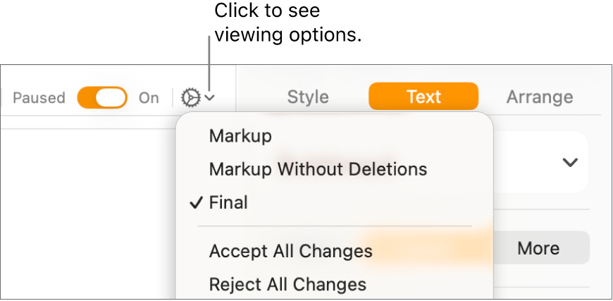 The review options menu showing Markup, Markup Without Deletions and Final.