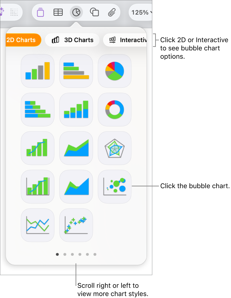 Add chart menu showing interactive charts, calling out a bubble chart option.