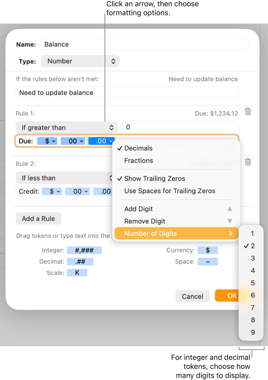 The custom cell format window with controls for choosing custom formatting options.