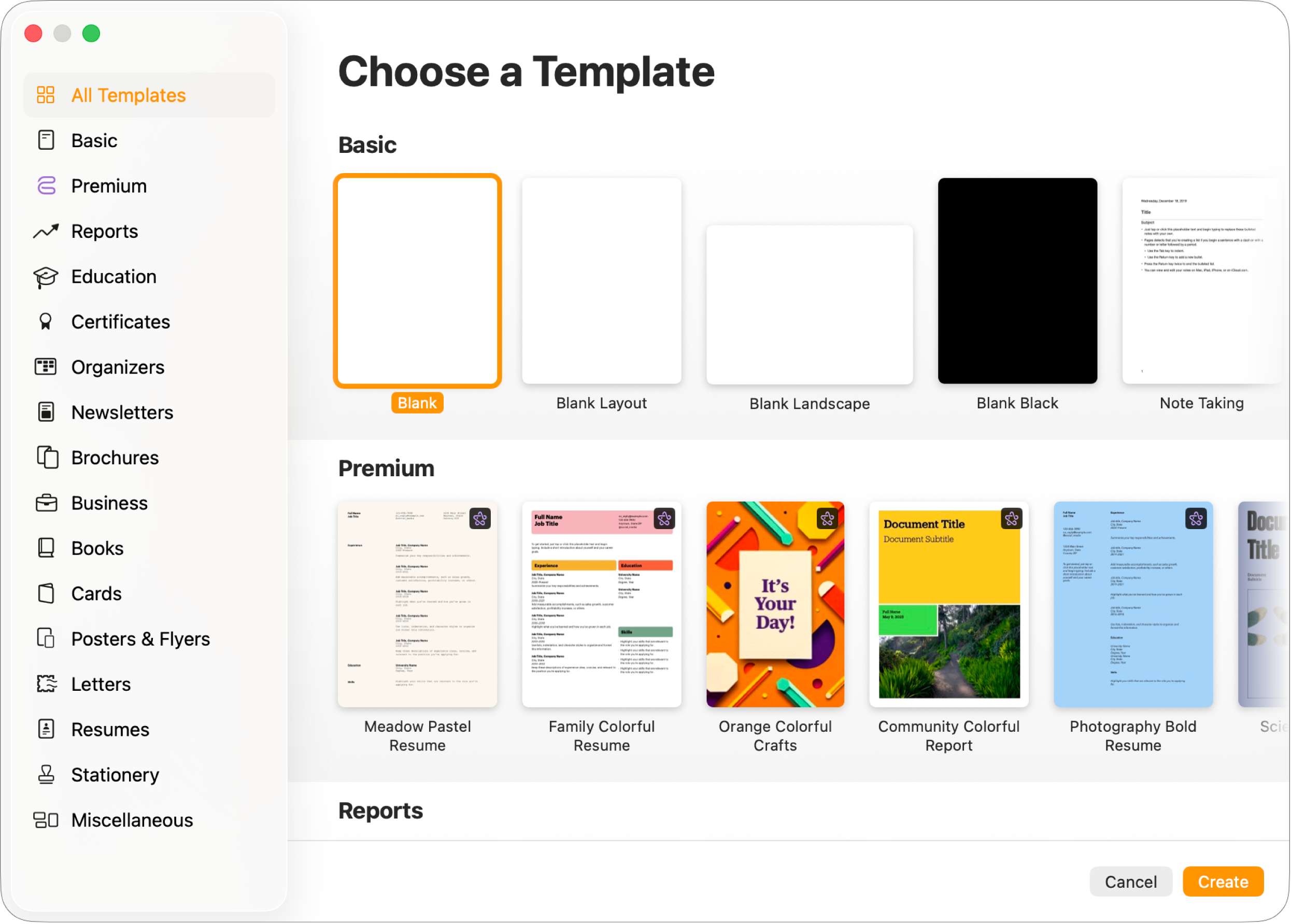 The template chooser. A sidebar on the left lists template categories you can click to filter options. On the right are thumbnails of pre-designed templates arranged in rows by category. The Cancel and Create buttons are in the bottom-right corner.