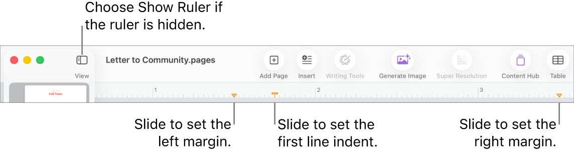 The ruler with the left margin control and first line indent control.