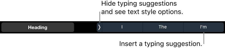The MacBook Pro Touch Bar with controls for choosing a text style, hiding typing suggestions and inserting typing suggestions.