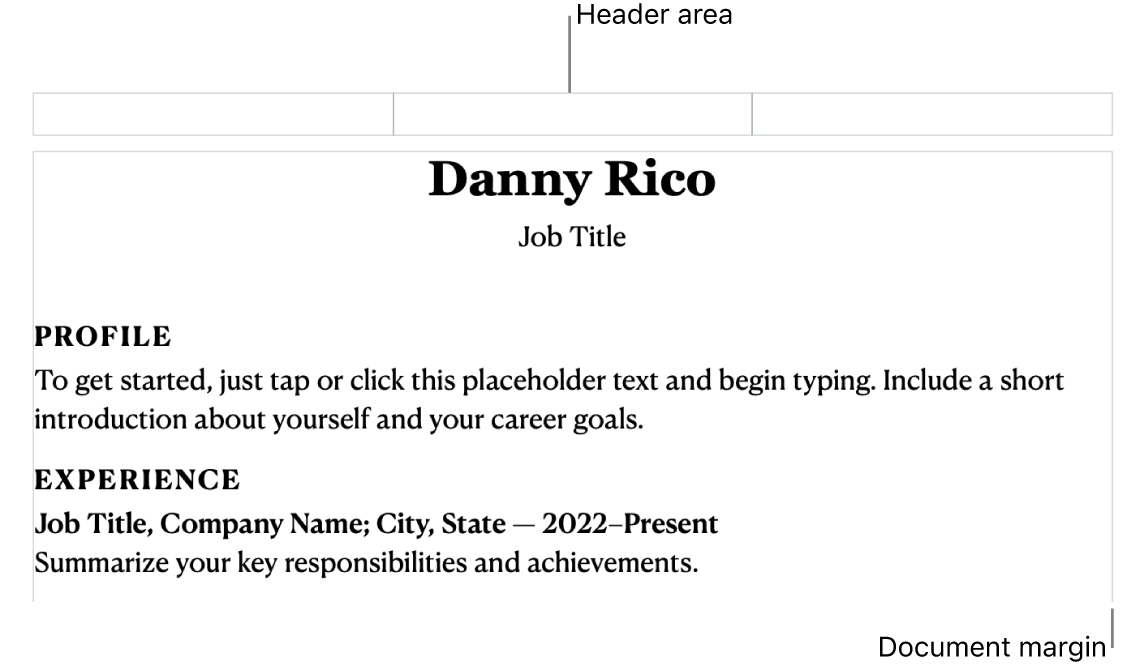 The layout view showing header area and document margins.