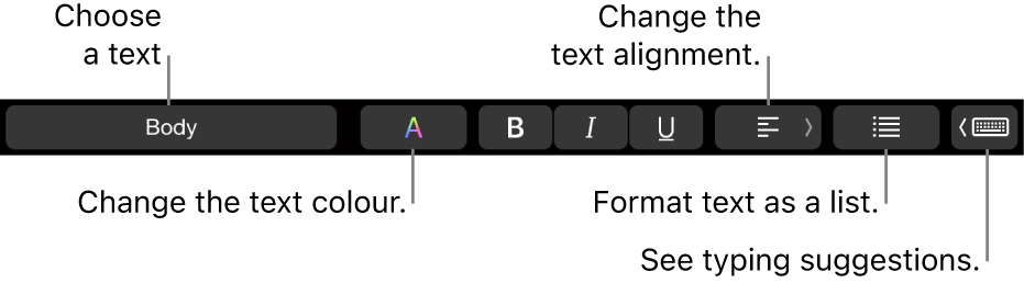 The MacBook Pro Touch Bar with controls for choosing a text style, changing the text colour, changing the text alignment, formatting text as a list and showing typing suggestions.