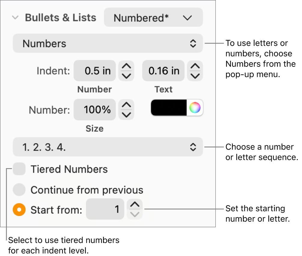 Controls for changing the number style and spacing of a list.