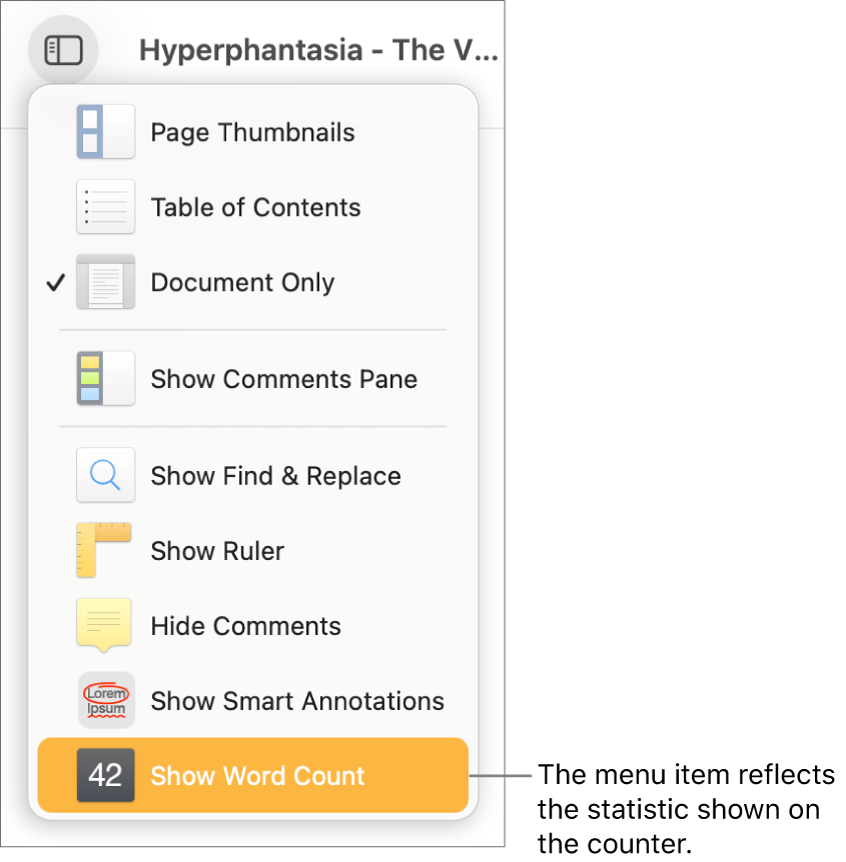 The View menu open with Show Character Count near the bottom.