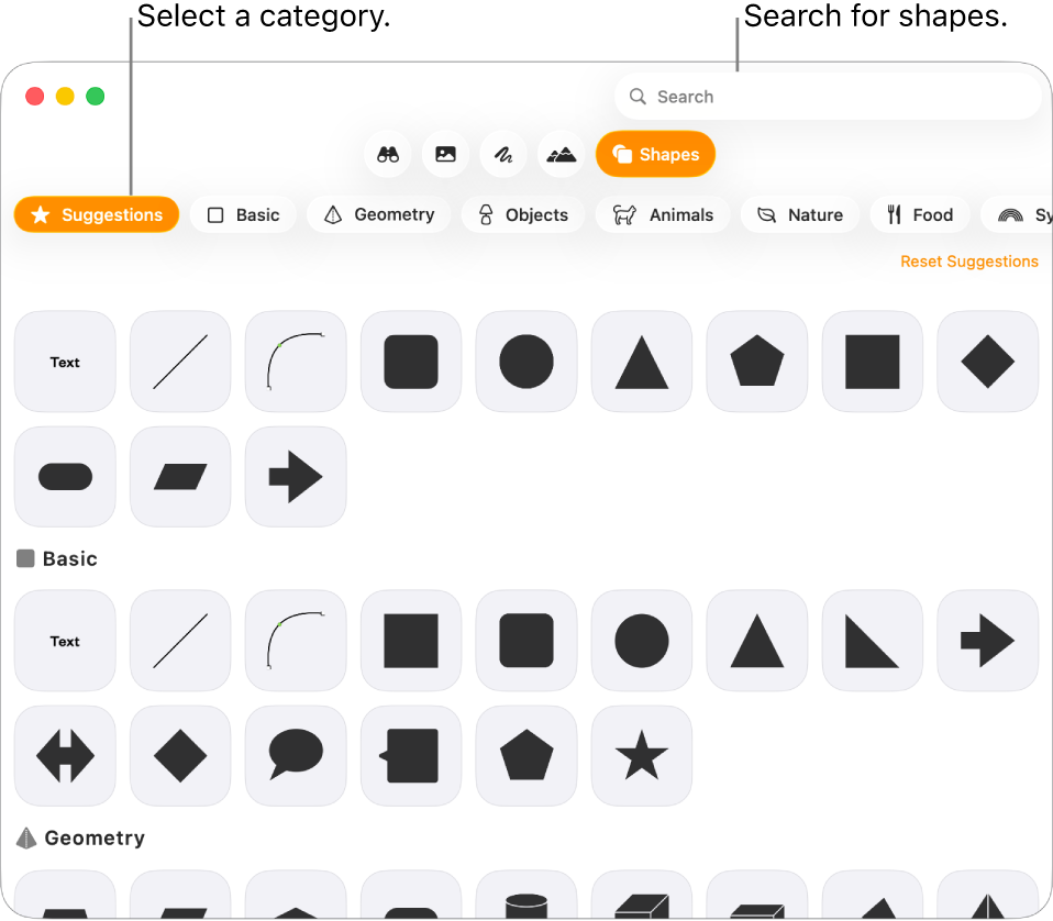 The shapes library, with categories listed on the left and shapes displayed on the right. You can use the search field at the top to find shapes and scroll to see more.
