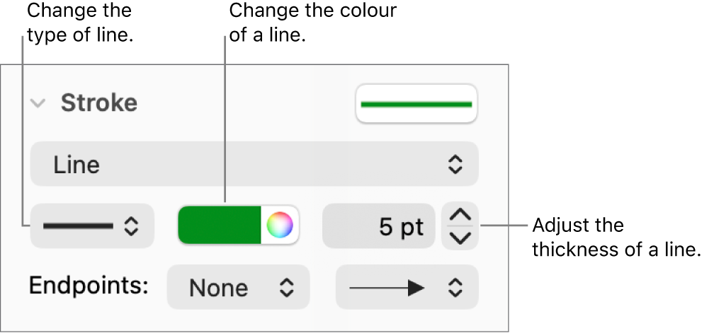 The stroke controls for setting endpoints, line thickness and colour.