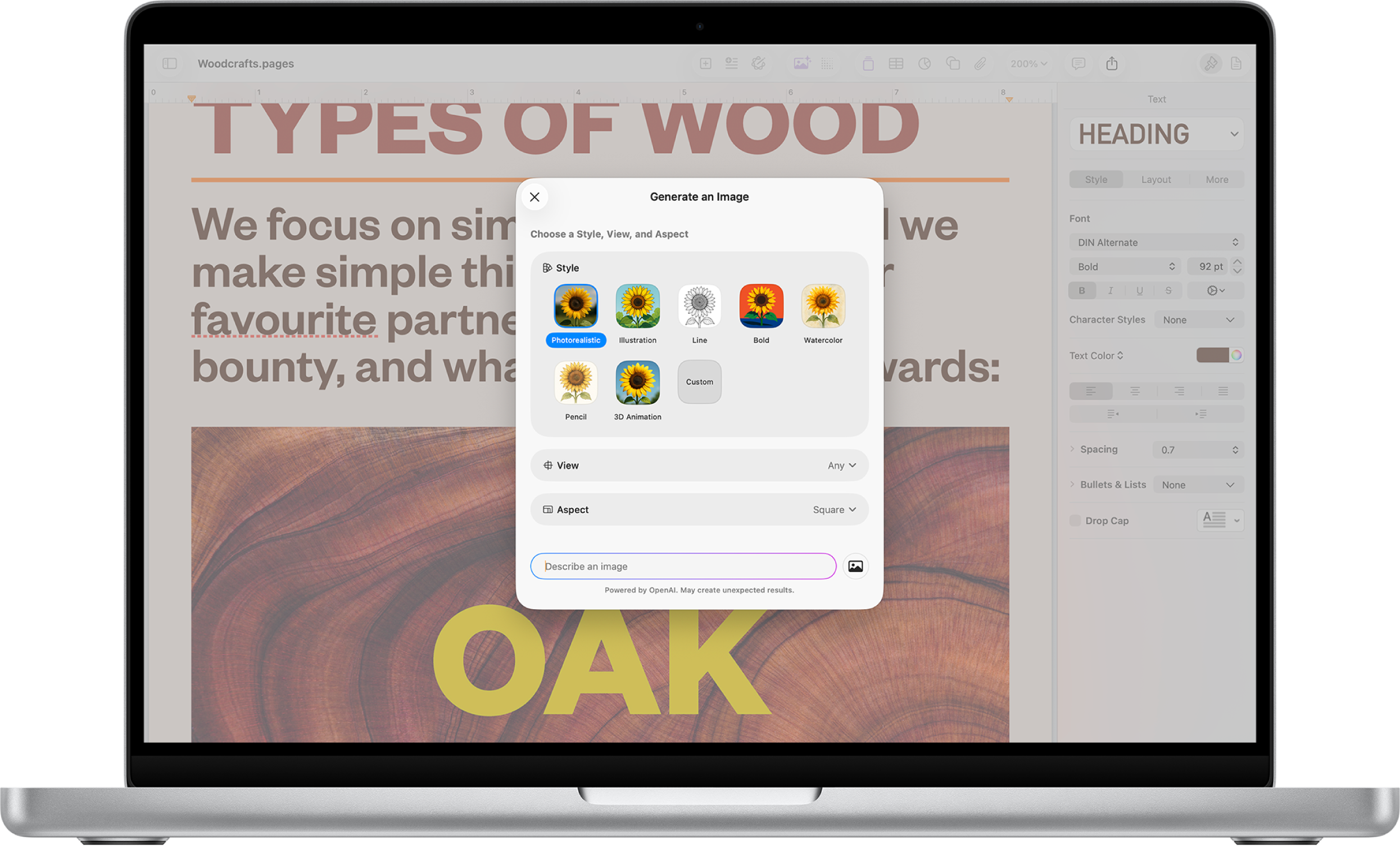 The Generate an Image dialogue showing options for generating an image from a text description.