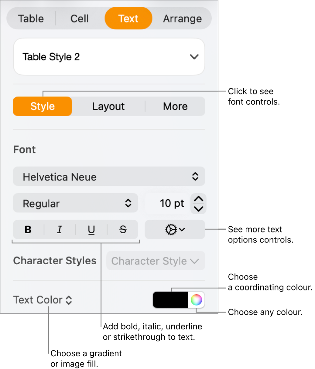 The controls for styling table text.