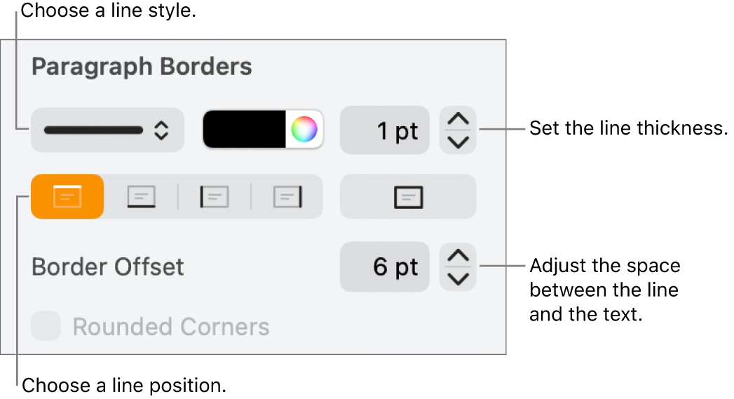 Controls to change the line style, thickness, position and colour.